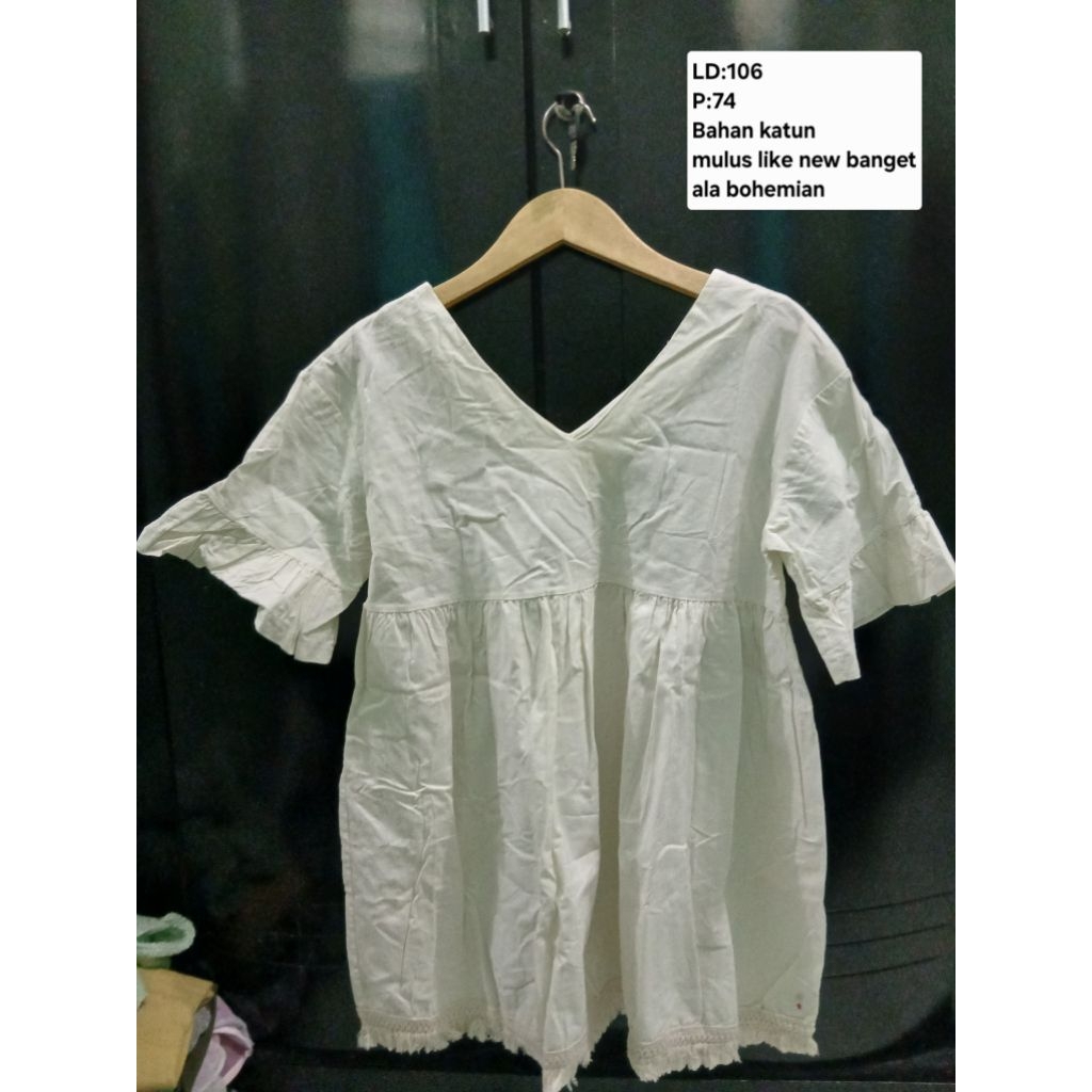 (COD)Atasan blouse dress baby doll warna putih model bohemian