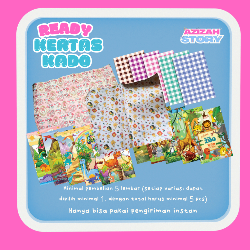 [Azizah Story] Kertas Kado Motif Jungle, Kotak Pastel, Dino, my Melody, upset duck– Kado, Hampers
