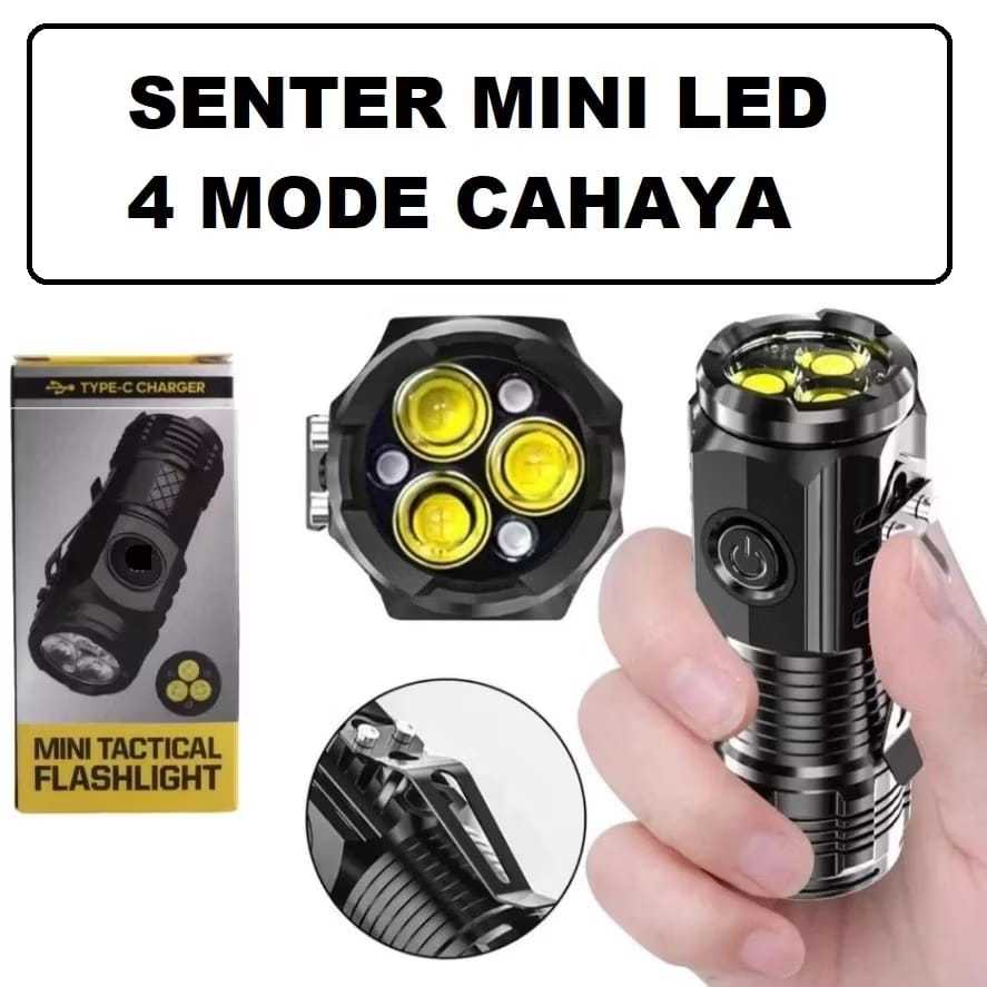 Senter Mini 3 Mata Led Lampu Swat Outdoor Magnetic 4 Mode Cahaya Senter Camping Hiking