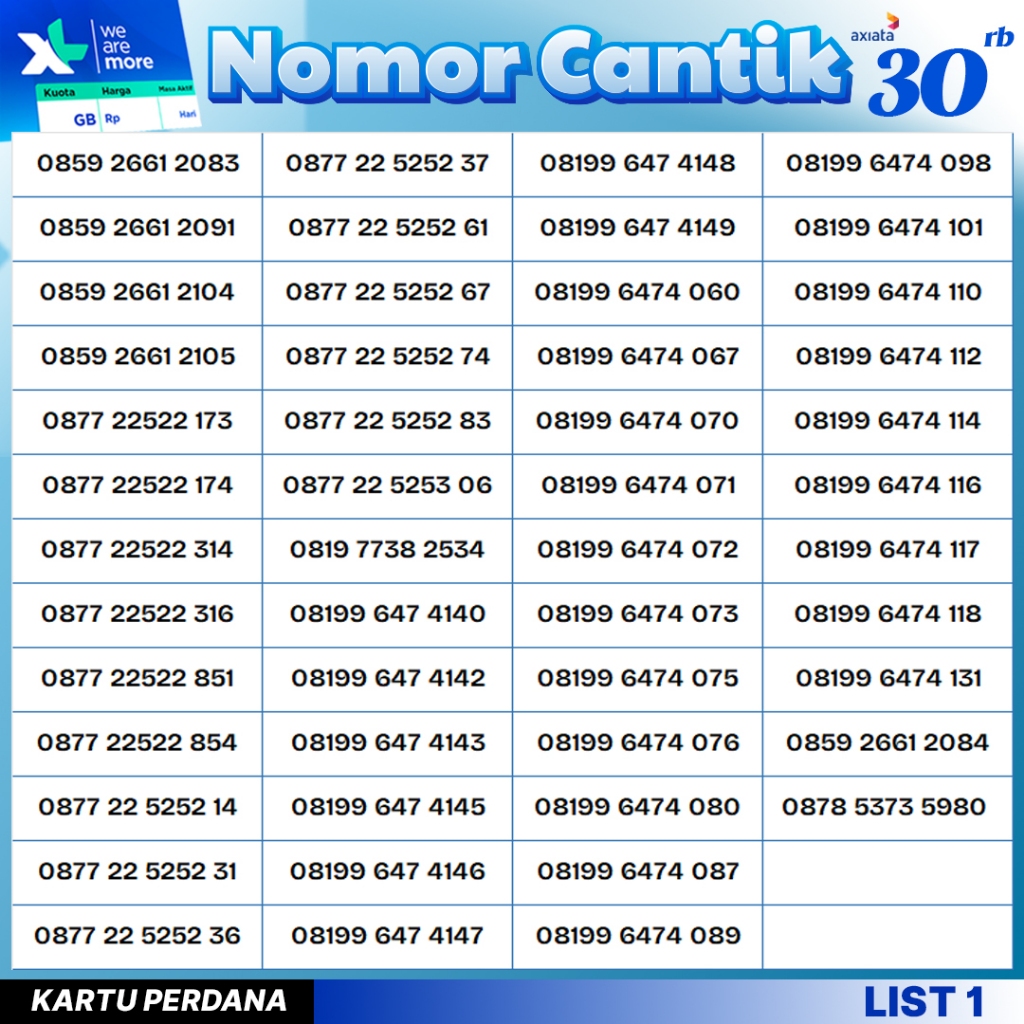 Nomor Cantik Perdana XL Murah 30.000rb.