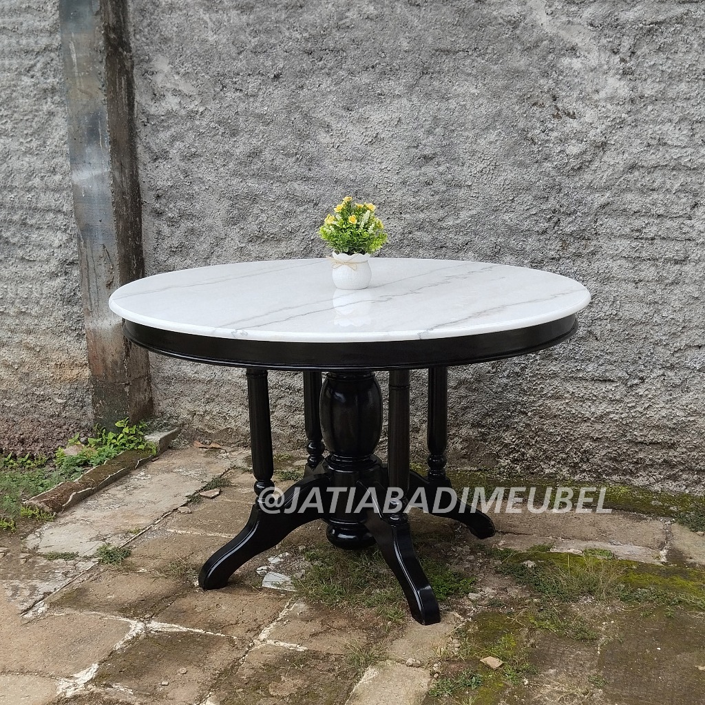 Meja Makan Klasik Marmer Bundar Bulat Kayu Jati, Meja Tamu Teras Bundar Bulat Marmer Jati