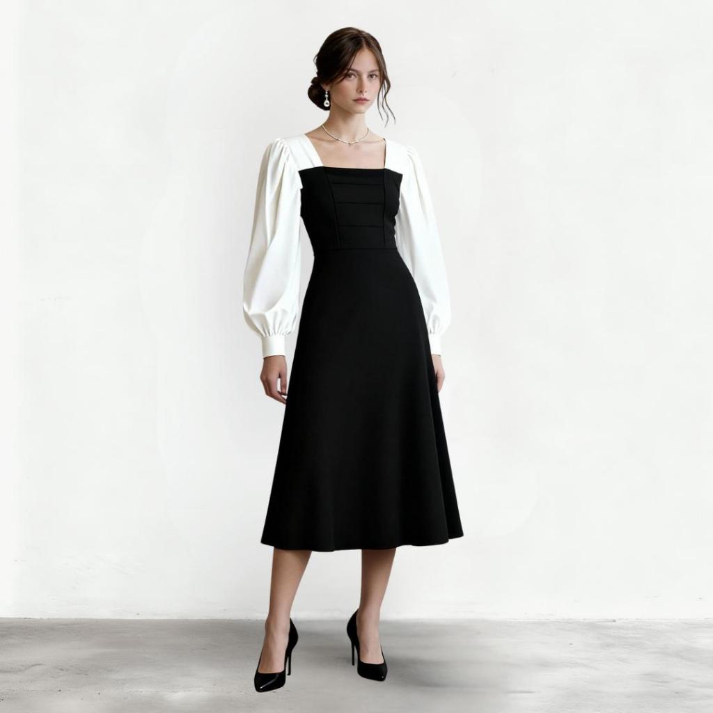 [MEIN] ELEGANT Rok Sifon Hitam Lengan Panjang Wanita Rok Jaring Retro Dress Casual 5544