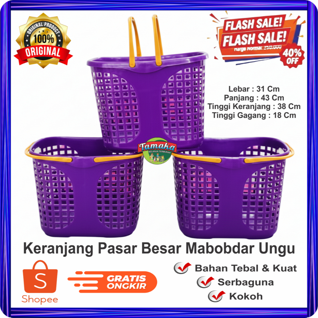 Keranjang Pasar Jumbo Besar Mabobdar Ungu Plastik Tebal Kuat Shopping Basket Keranjang Belanja Serba