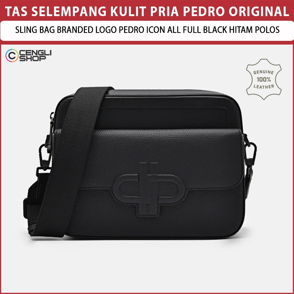 TAS SELEMPANG KULIT PRIA PEDRO ORIGINAL SLING BAG BRANDED LOGO PEDRO ICON ALL FULL BLACK HITAM POLOS