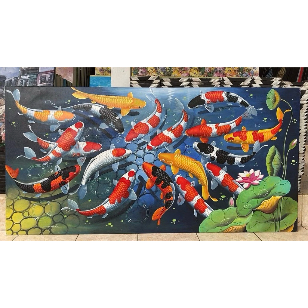 Lukisan Ikan Koi, Ukuran : 200 x 100, lukisan canvas asli buatan tagan