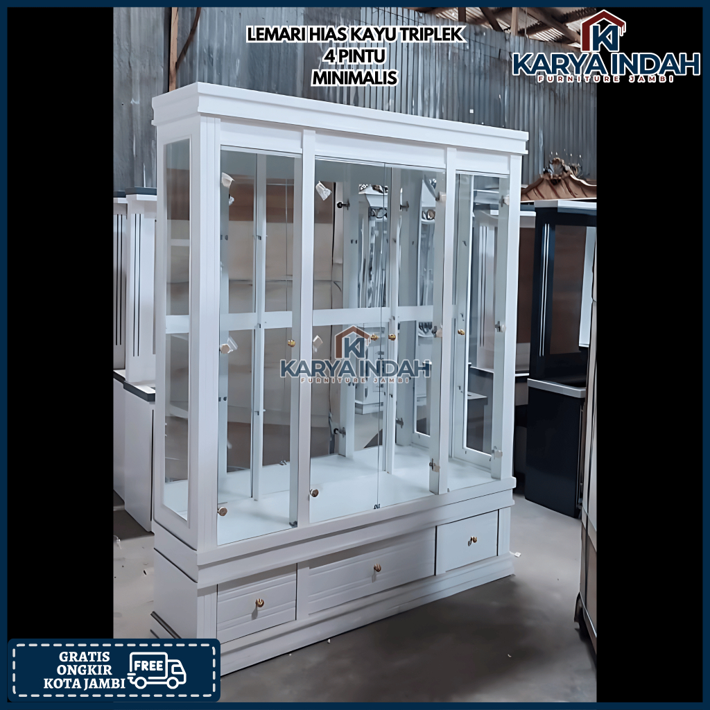 Lemari Hias KRISTAL 4 Pintu MINIMALIS KAYU TRIPLEK BUFET KACA LACI LAMPU Minimalis