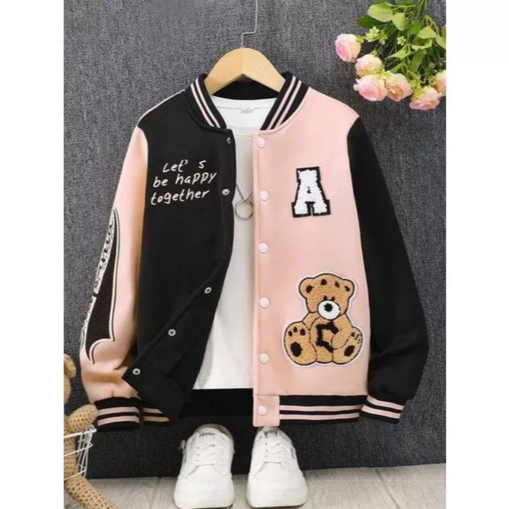 Lestary Clothing Store - Jaket Varsity Cewek Kombinasi Warna Stylish Sablon Logo A & Bear Kancing Je