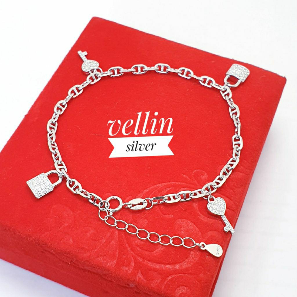 Gelang Tangan Wanita Silver 925 Lapis Emas Putih - Gelang Perak 925 Gantungan kunci & gembok