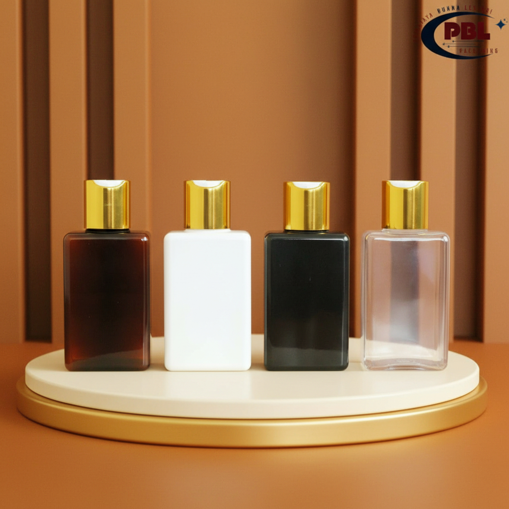 Botol Presstop 100ml Kotak Varian Warna - Tutup Disctop Presstop Alumunium Gold Neck 24 / Botol Plas