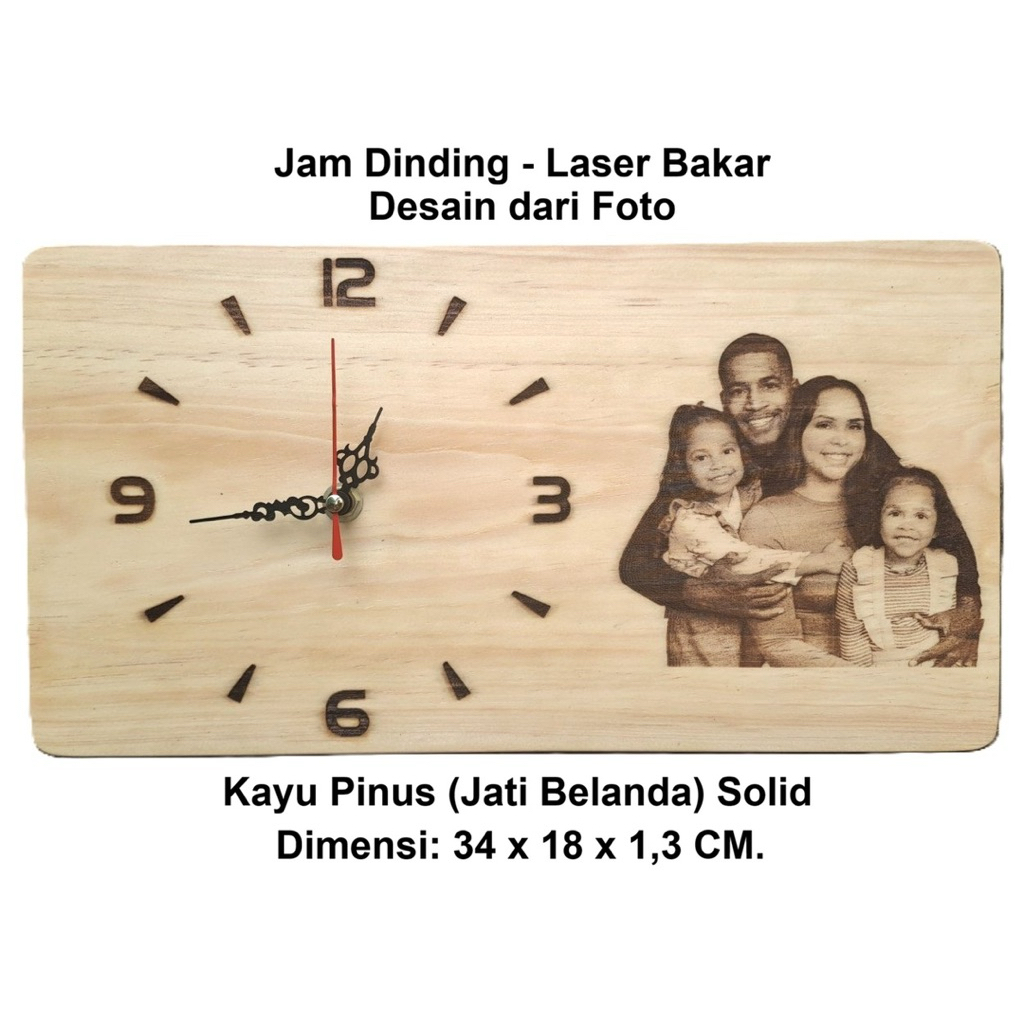 Jam Dinding Kayu - Souvenir - Kayu Pinus Solid - Teknik Laser Burn