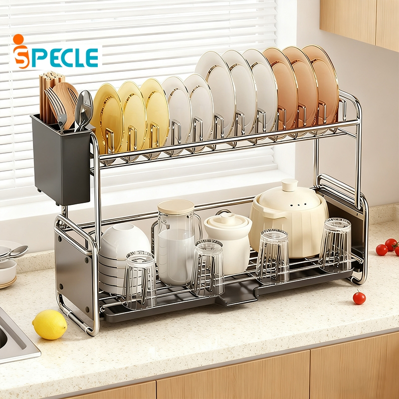 iSPECLE 2 Susun Rak Piring Stainless Steel Rak Piring Wastafel Kapasitas Besar Rak Dapur Dengan Akse