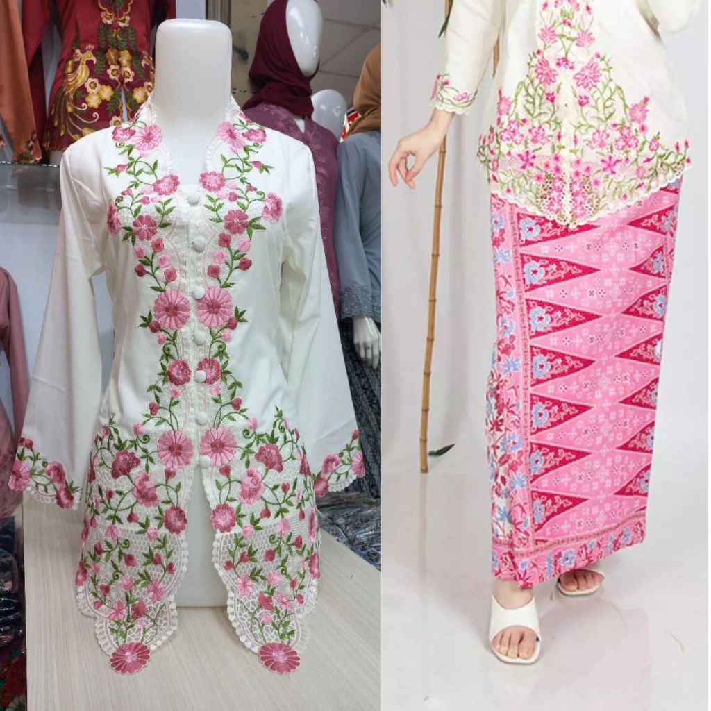Setelan Kebaya Encim Betawi Dan Rok Span Tumpal Sogan Betawi Warna Putih Pink