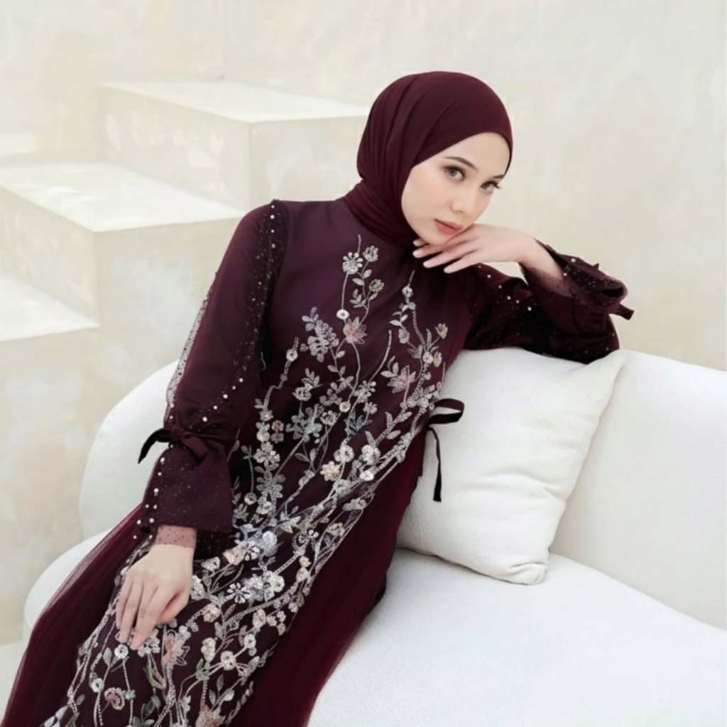 Gamis Brokat Kondangan Model Baru Motif Bunga Mewah Anggun Gamis Dress kondangan Lebaran Kajian
