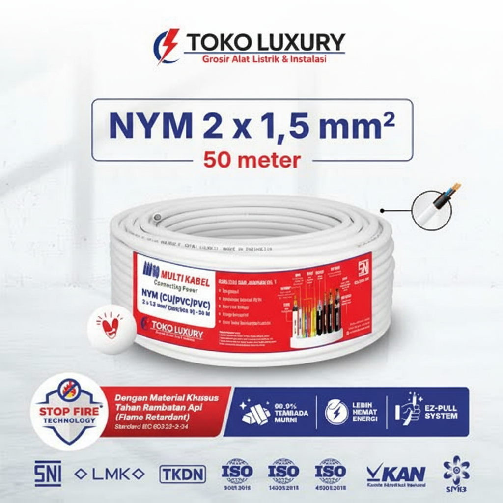 Kabel NYM Multi Kabel 2x1.5mm – Gulungan 50 Meter | Kabel Listrik Tembaga | Isolasi Ganda Aman
