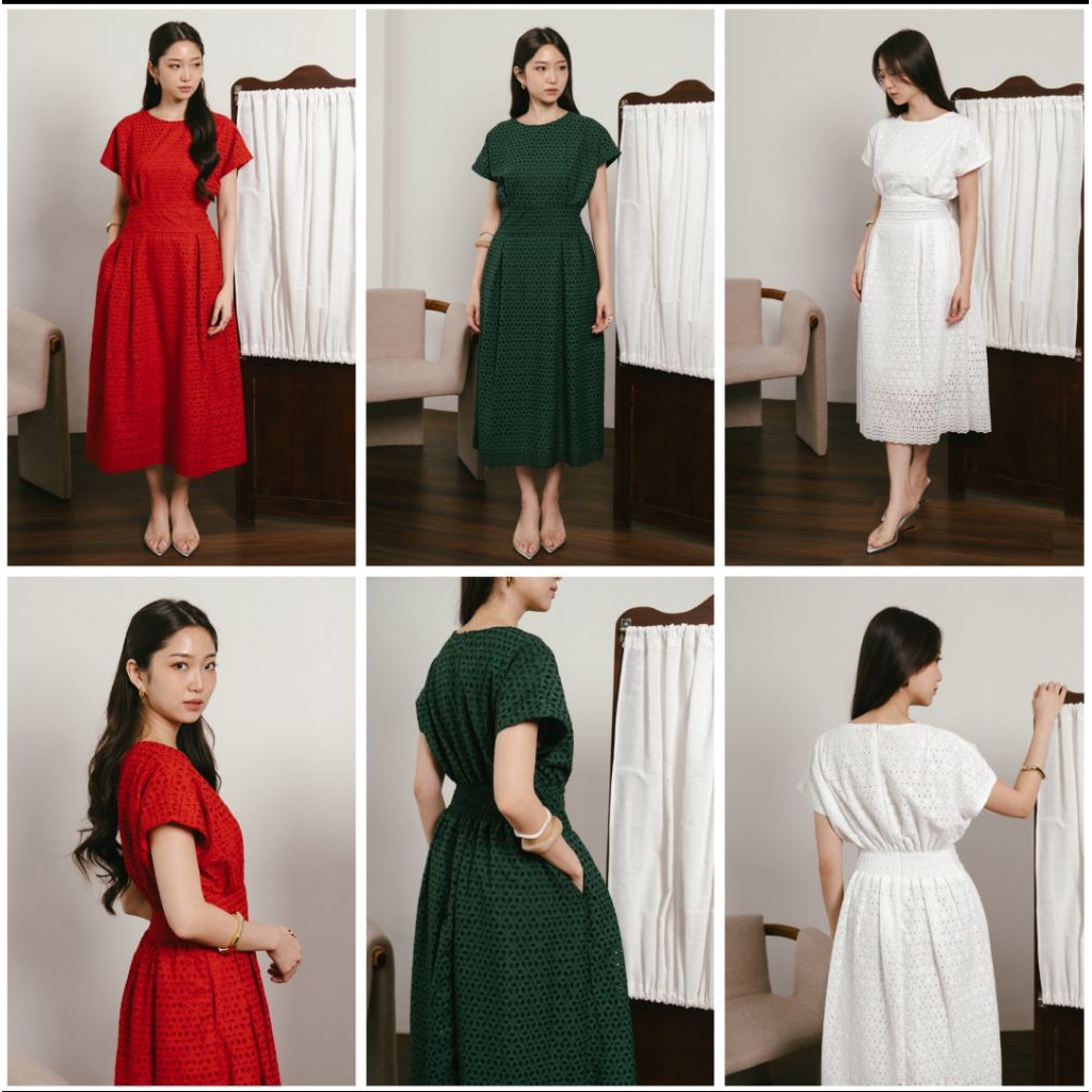 Lilou Eyelet Dress Katun Bolong With Furing Midi Wanita Casual Pesta Party Kondangan