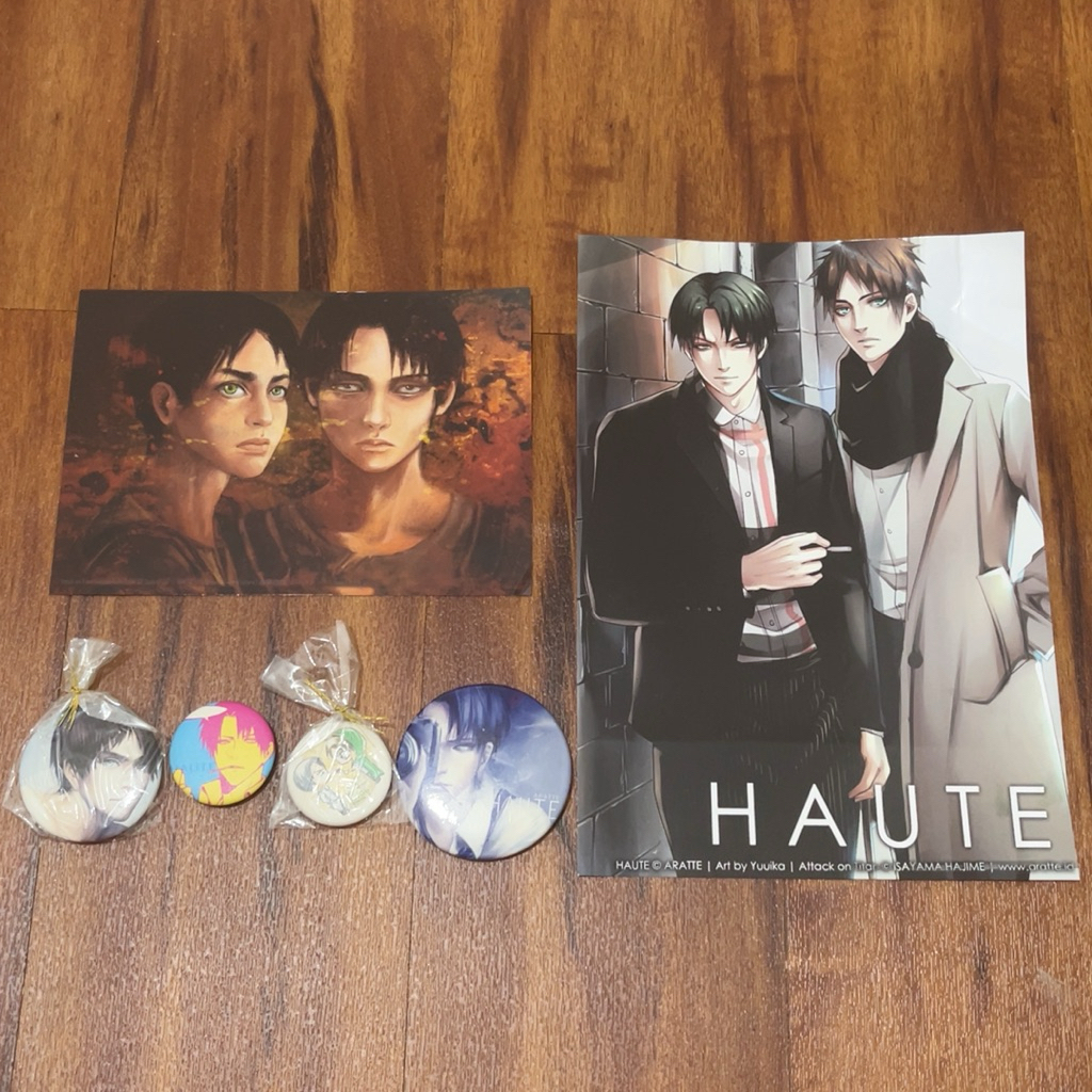 Set Fanmerch Levi Eren Attack on Titan Shingeki no Kyojin Can Badge Postcard Mini Poster Haute Grun 