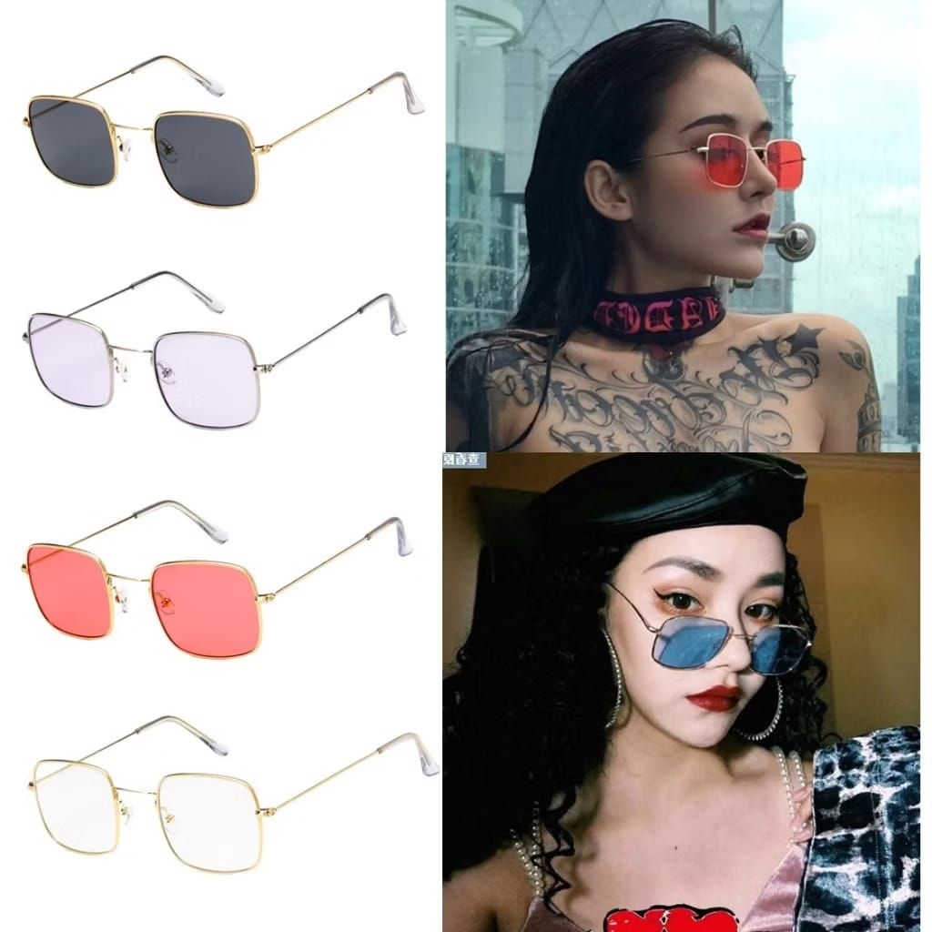 Kacamata Sunglasses Pria Wanita Model Square Frame Warna Hitam Merah Ungu dan Kuning Trendy untuk Ga