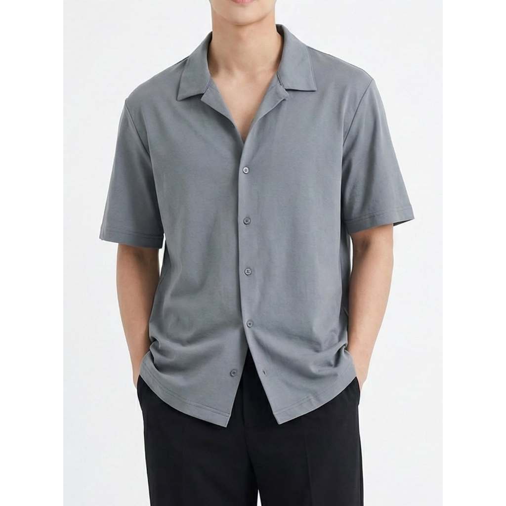 KIM SEO RYONG MEN COTTON JERSEY BUTTON UP POLO SHIRT - COOL GRAY (L)