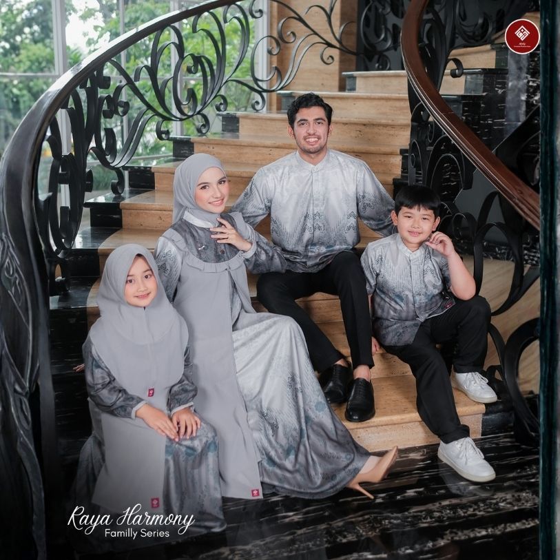 ANV Raya Harmony Family Set – Gamis Ibu + Kids + Koko Ayah + Anak - Motif Modern – Warna Abu
