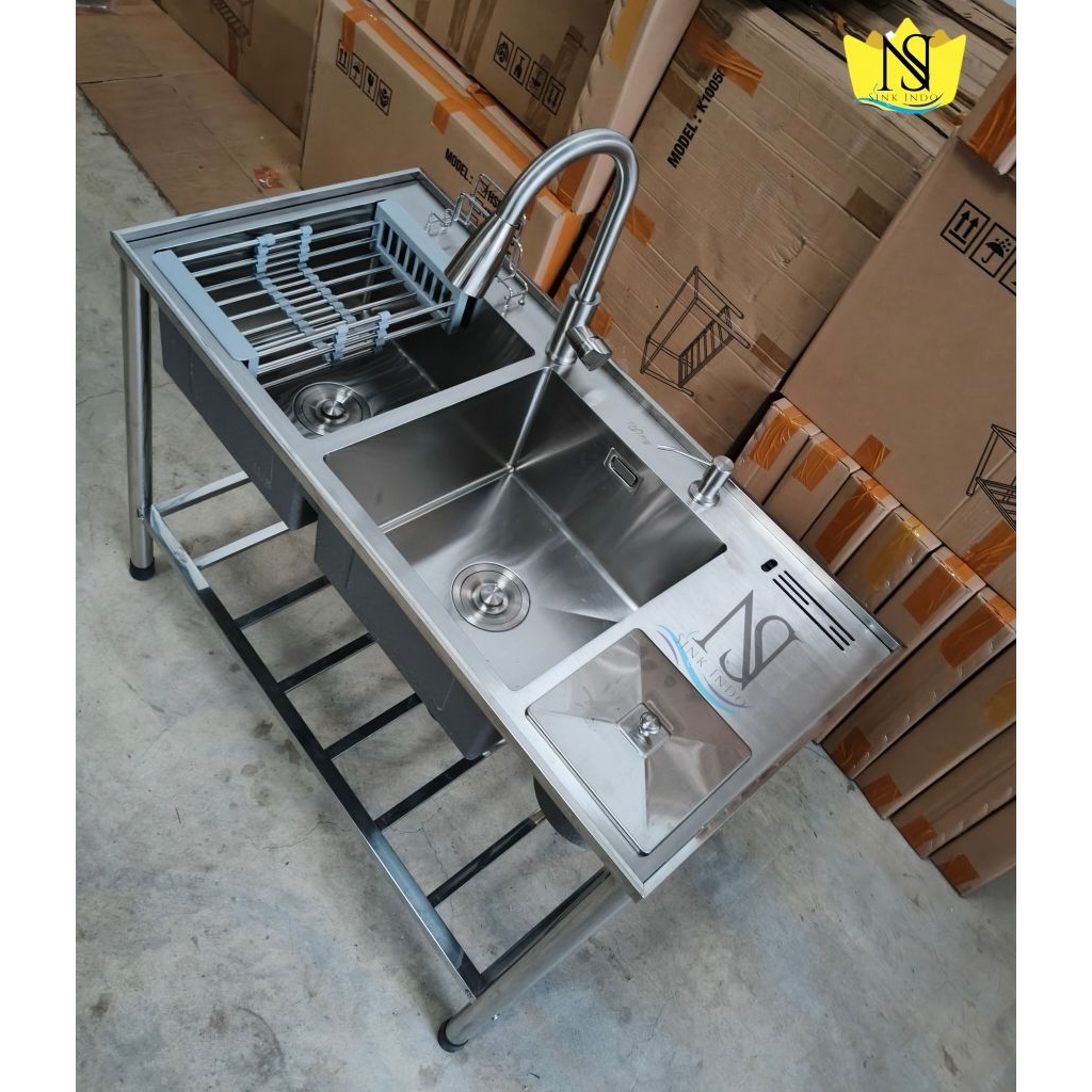 PROMO THSINK Bak Cuci Piring Portable 2 Lubang 100 x 48 Westafel Rak Kaki Set Kitchen Sink Portable 