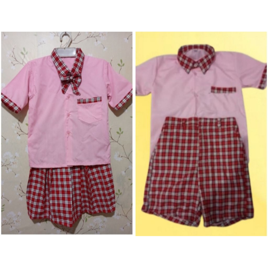 seragam tk paud kotak merah muda