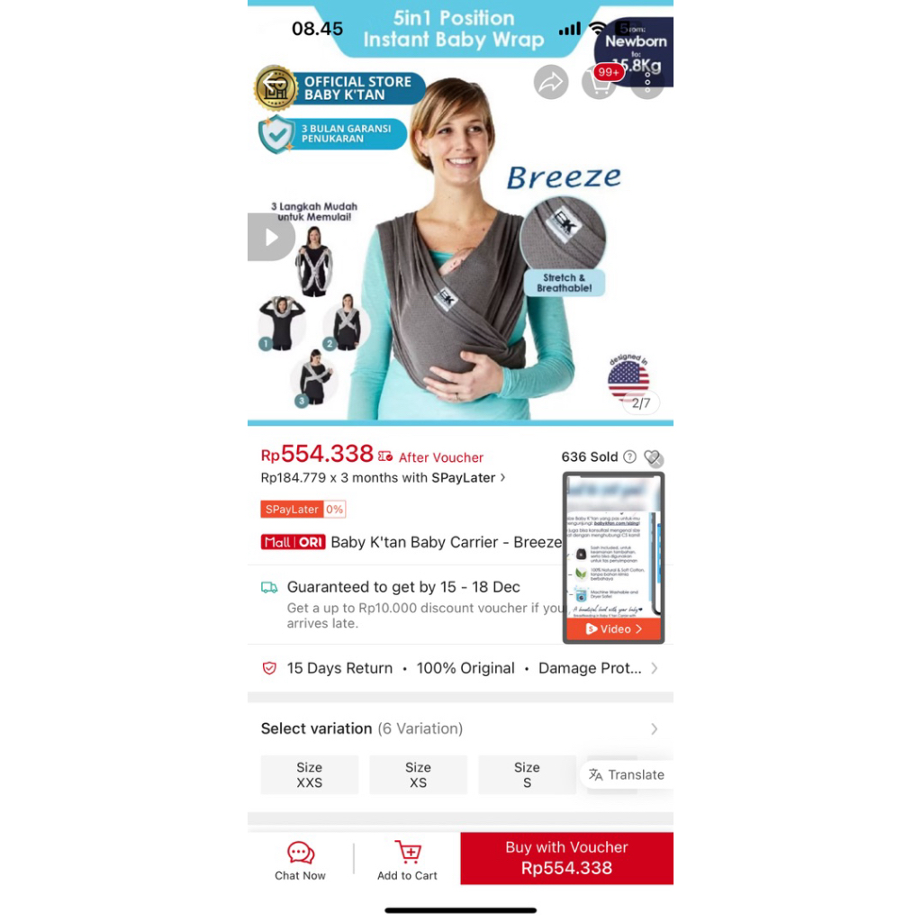 preloved gendongan SSC Baby K'tan Baby Carrier Charcoal