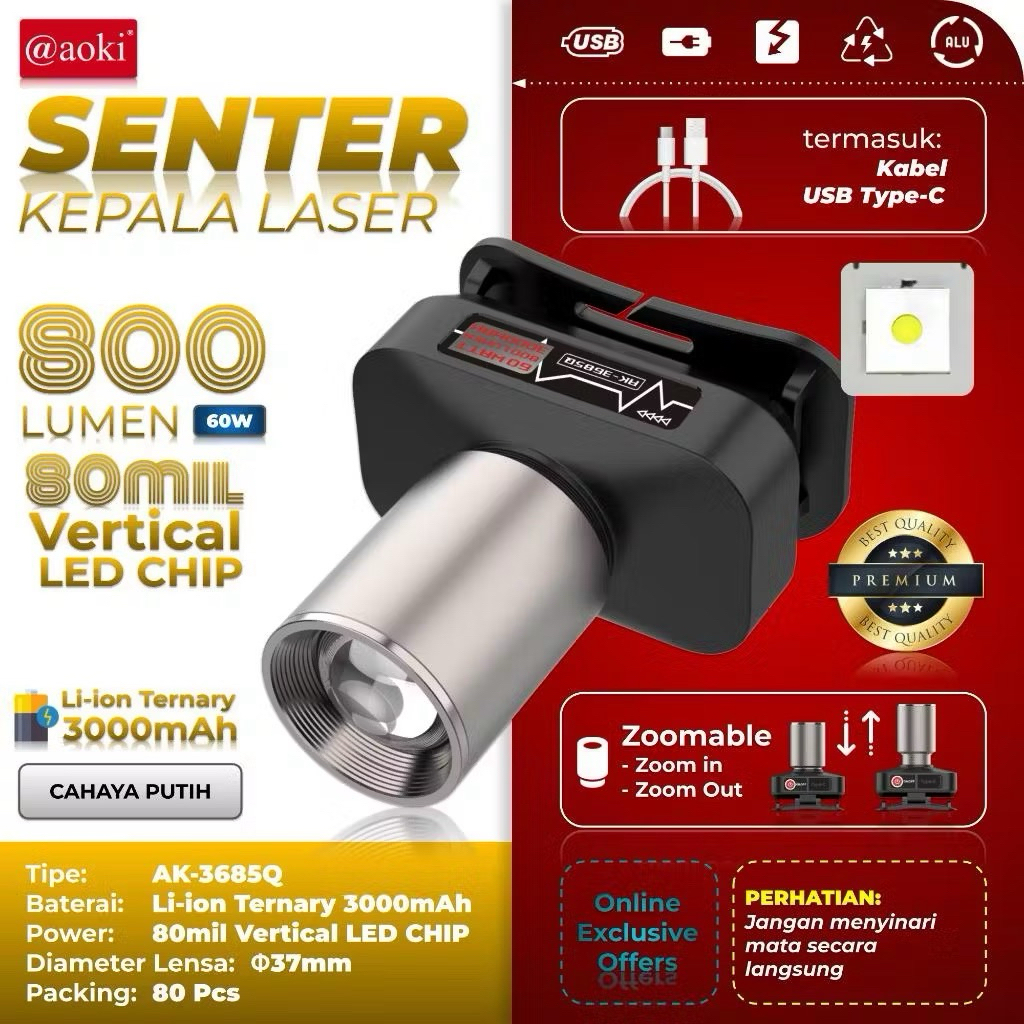 AOKi Senter Kepala LED Zoom AK-3685Q/ AK-3672K / 3695A AOKI