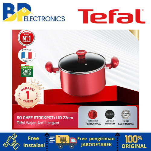 Tefal Wajan Panci Induksi Anti Lengket So Chef Stock Pot 22cm + Tutup Warna Merah dengan Lapisan Tit