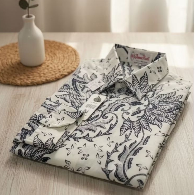 Kemeja Batik Pria DANAR HADI Size XXL – Putih Tulang Motif Biru | Lengan Panjang