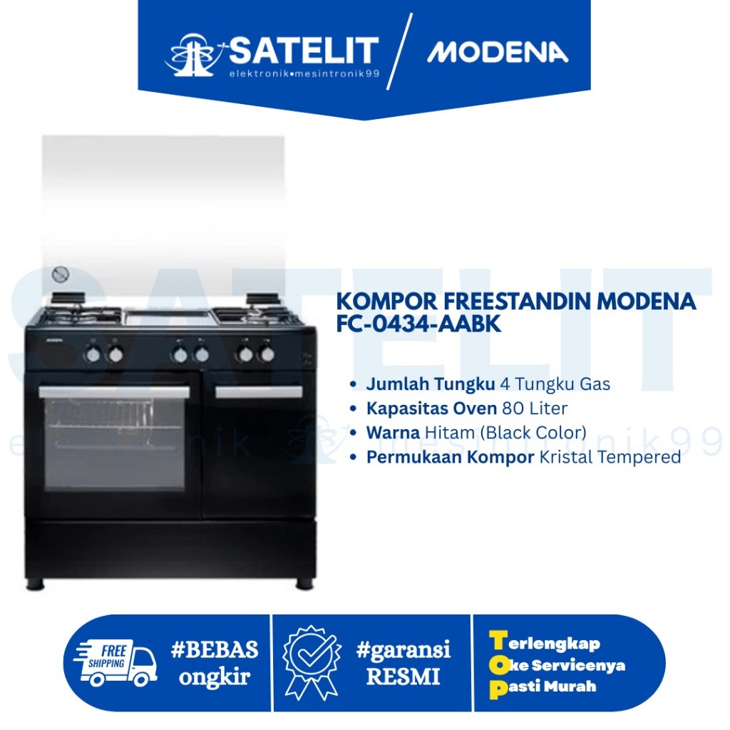 MODENA FC-0434-AABK Kompor Freestanding 4 Tungku Gas + Oven | Kompor Oven MODENA