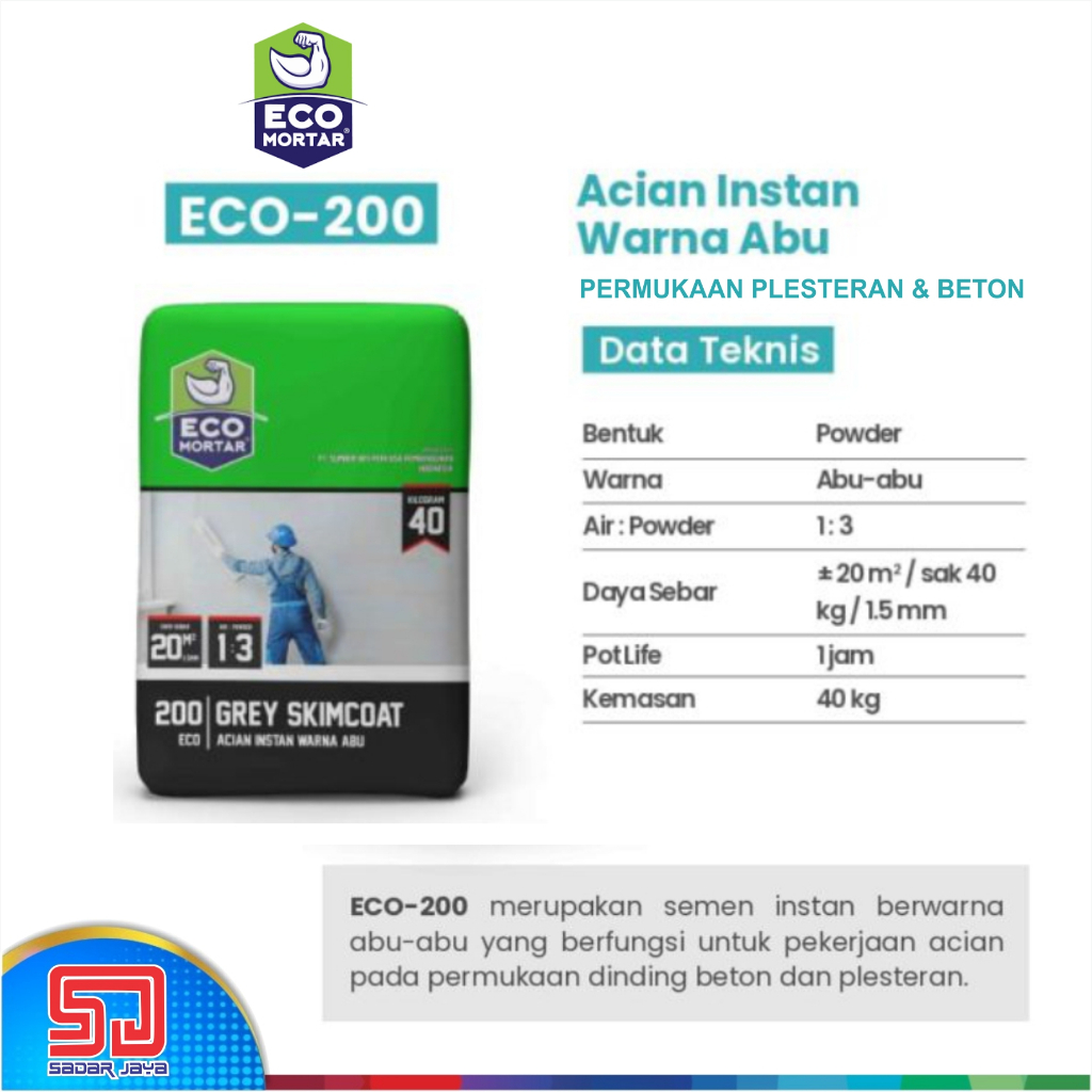 Semen Instan Eco Mortar 200 Acian Abu-abu 40kg ECO-200 Grey Skimcoat Plesteran Beton ECO200