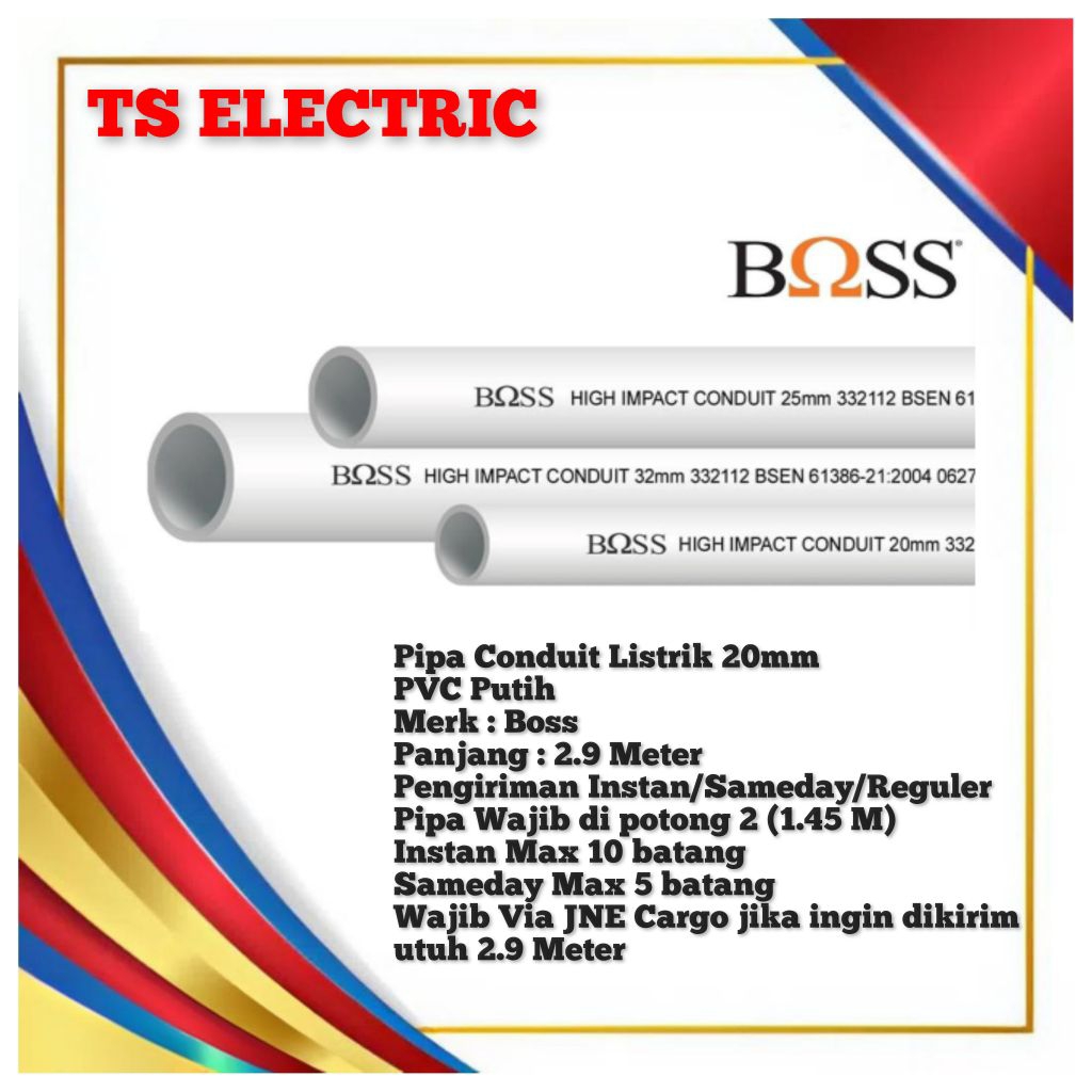 PIPA LISTRIK PIPA CONDUIT BOSS 20MM 25MM 32MM PVC PUTIH / PIPA CONDUIT LISTRIK 20 MM 25 MM 32 MM BOS