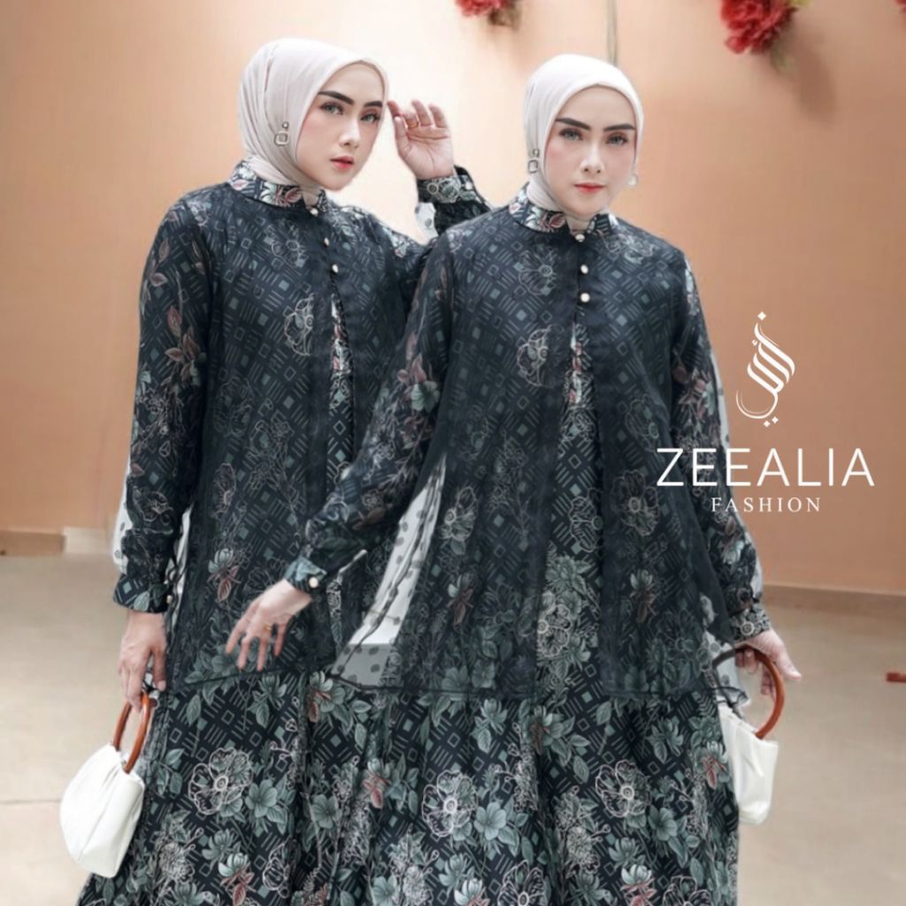 Gamis muslimah Zeealia 2in1 Rompi Dior armani motif mix tile