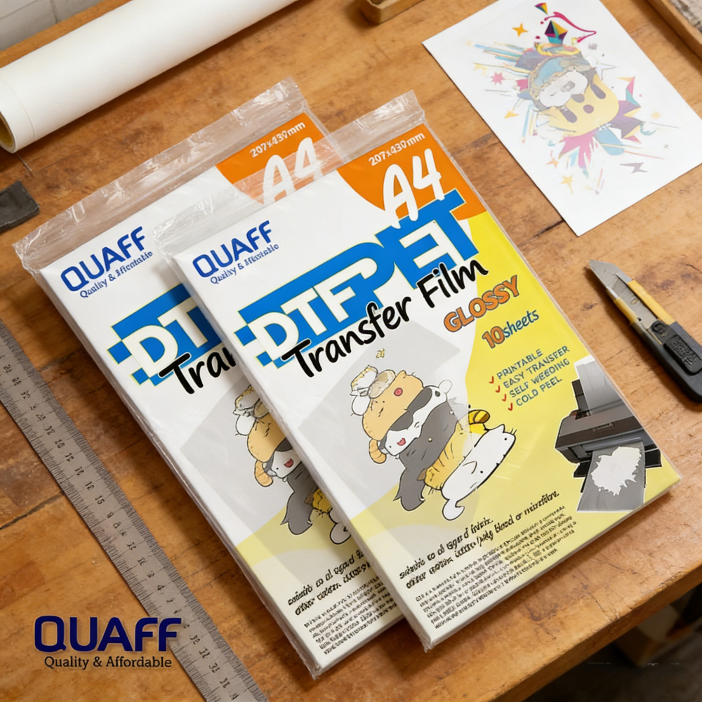 QUAFF DTF PET Film Glossy A4/A3 – Direct to Film Transfer Film untuk Cetak DTF Tajam & Tahan Lama