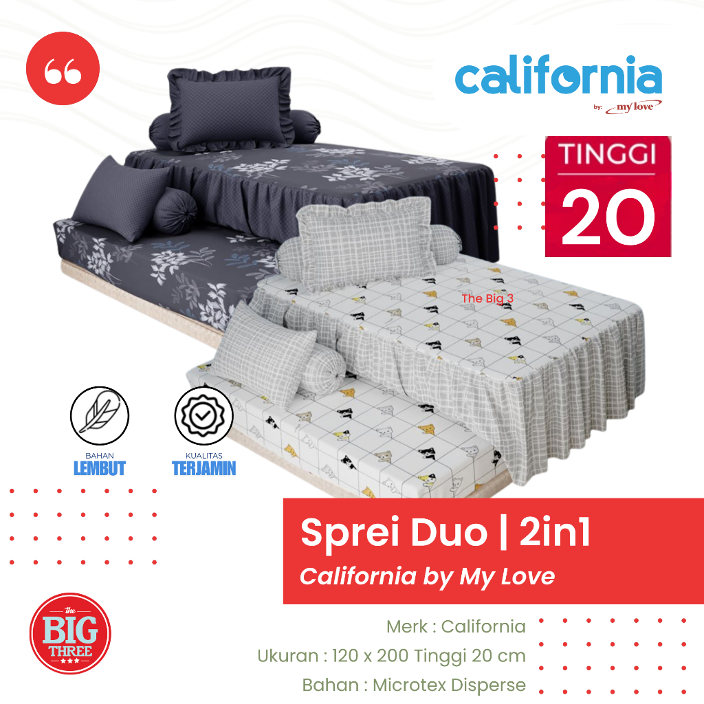 Sprei CALIFORNIA DUO SORONG 120x200 motif Anak Dewasa Lucu Bunga Minimalis 2in1 | 120 SP DUO THEBIG3