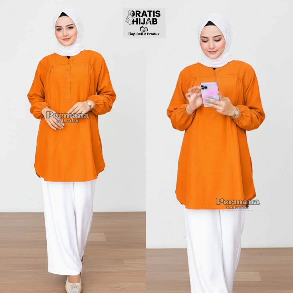 Baju Atasan Blouse Kemeja Lengan Panjang Busana Muslim Wanita Jumbo Size Polos Warna Orange