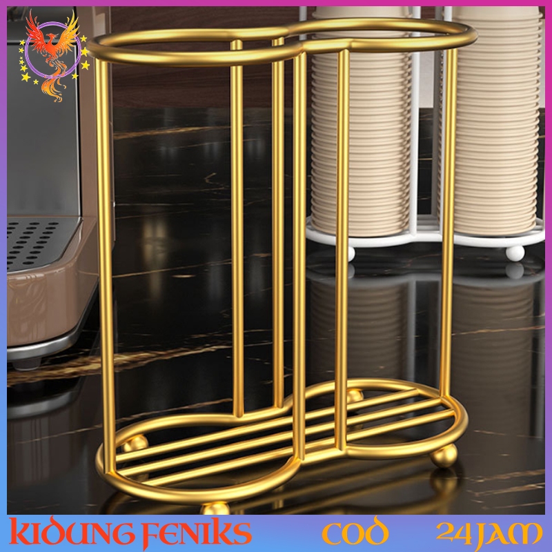 Rak Penata Gelas Dual Slot Besi Tempat Gelas Kopi Teh Susu Kertas Plastik Warna Hitam Putih Dan Emas