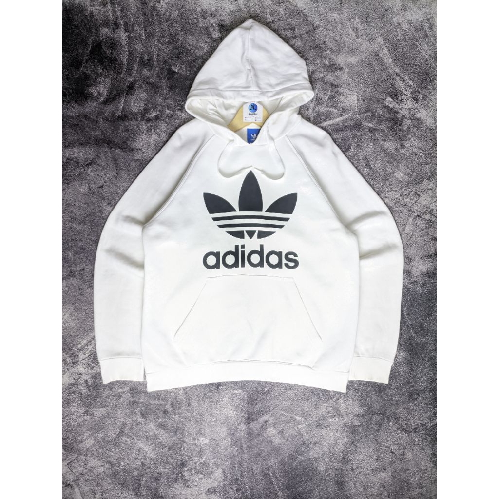 Hoodie Pullover Adidas Originals Trefoil Big Logo Print White Size L Fit XL Full Tag Original AY6474