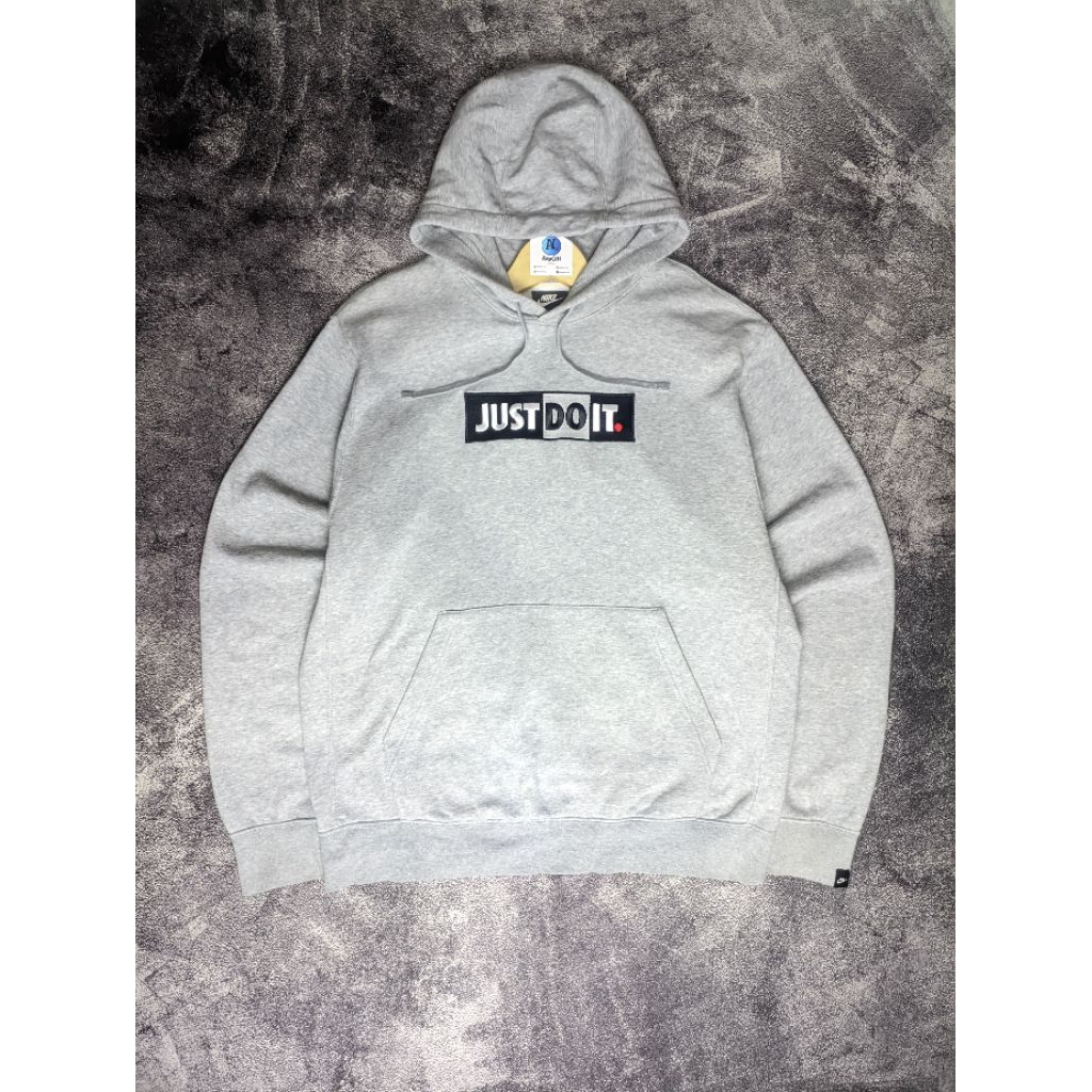 Hoodie Pullover Nike Just Do It Logo Box Center Bordir Abu-Abu Gray Misty Size XL Oversize Second Fu