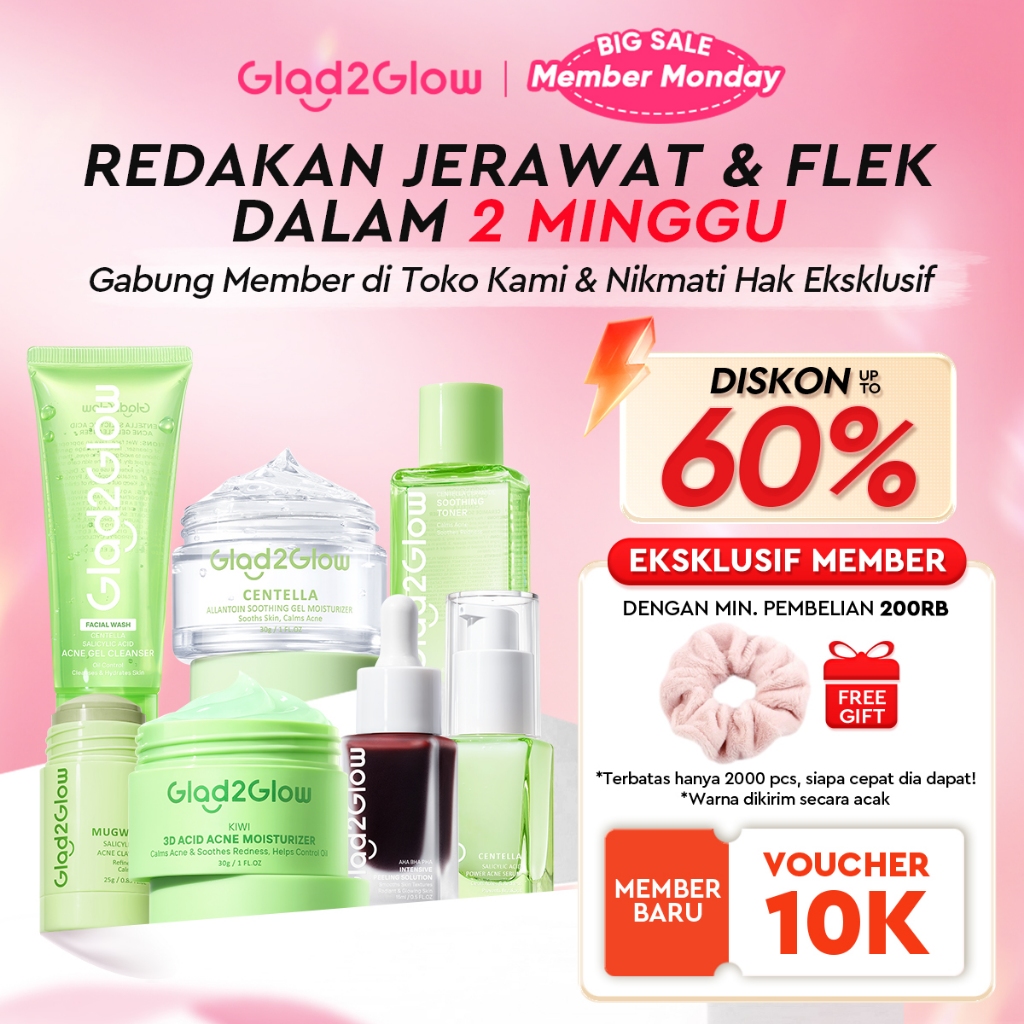 [12.12 Belanja 200rb, Disc. 20%]Glad2Glow Acne Jerawat Bundle 7in1 paket Centella madeca cream-Moist