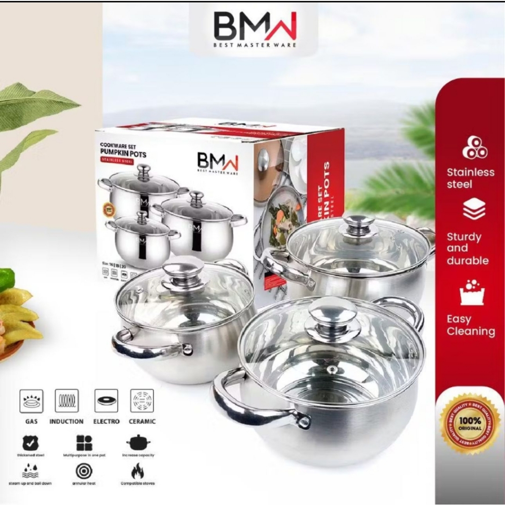 [BMW] Panci Set / Panci Tutup Kaca Stainless Steel / Panci Labu Stainless Tutup Kaca