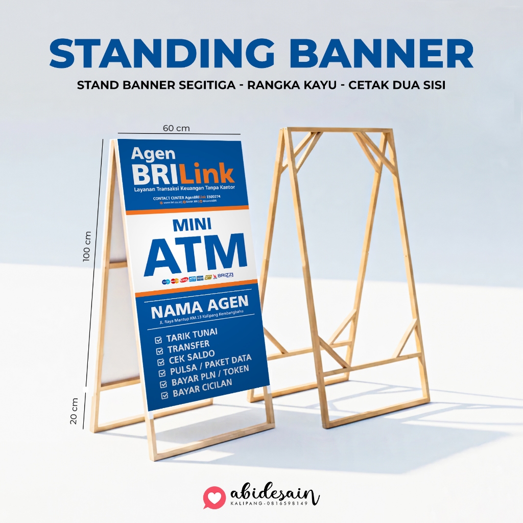 STAND BANNER KAYU PORTABLE - Display Promosi Usaha UMKM, Jajanan, Cafe - FREE Desain Banner Custom