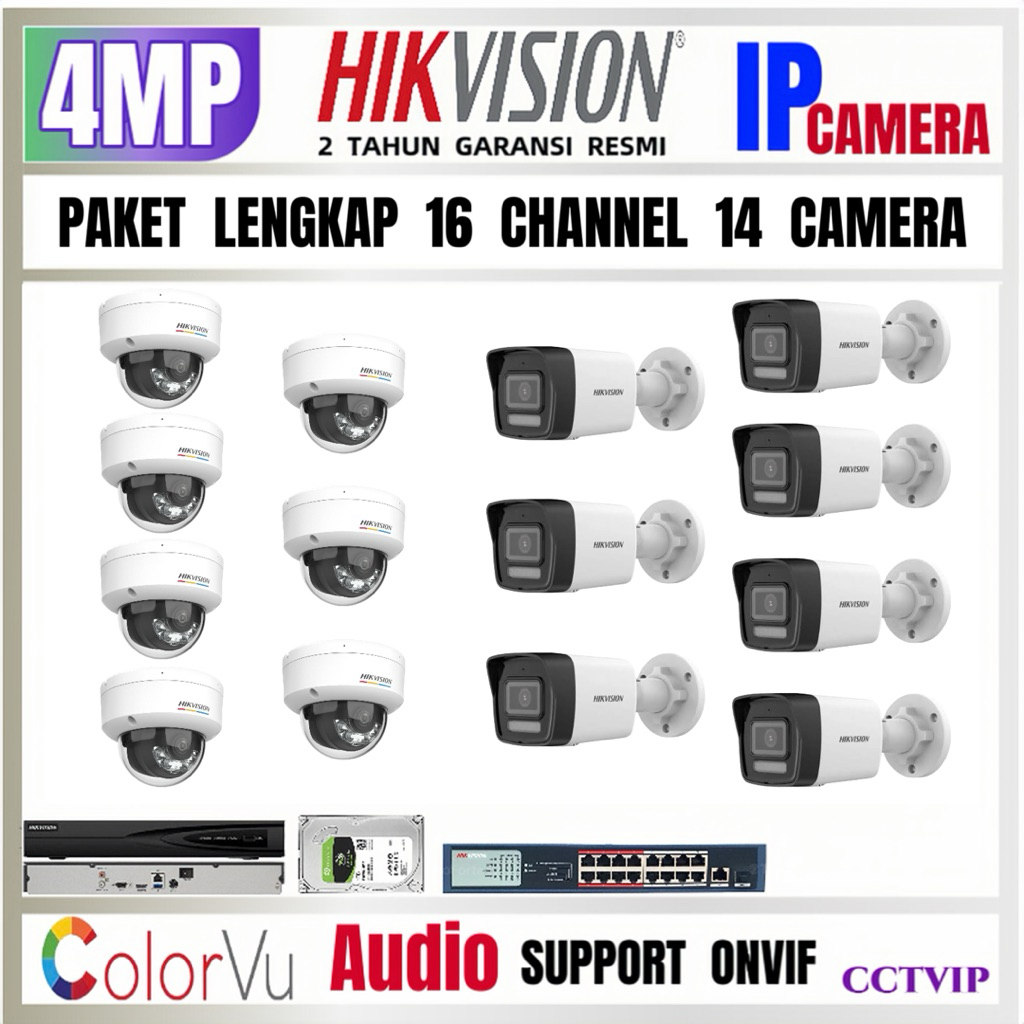 PAKET CCTV HIKVISION IP CAMERA 4MP COLORVU AUDIO 16 CHANNEL 14 CAMERA IP PoE