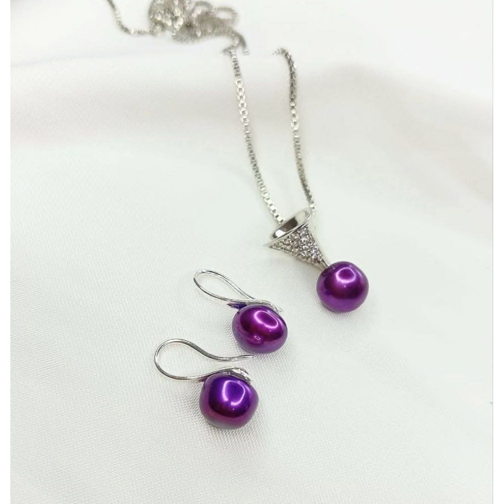 Set kalung anting mutiara asli Lombok warna ungu