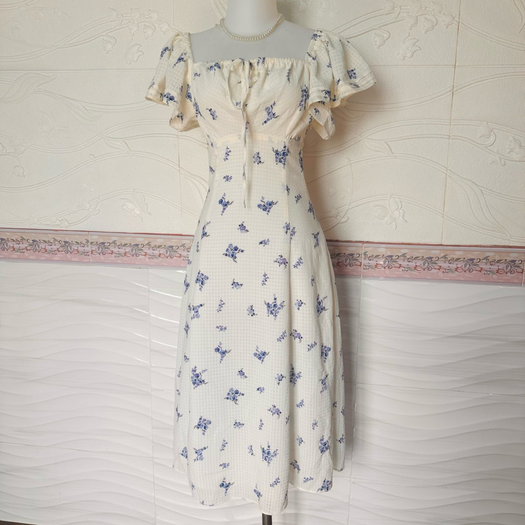 Putih bunga biru sabrina dress natal plove