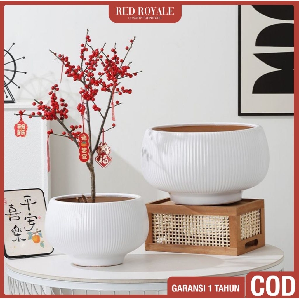 pot bunga set keramik putih aesthetic dekorasi hiasan ruang tamu minimalis