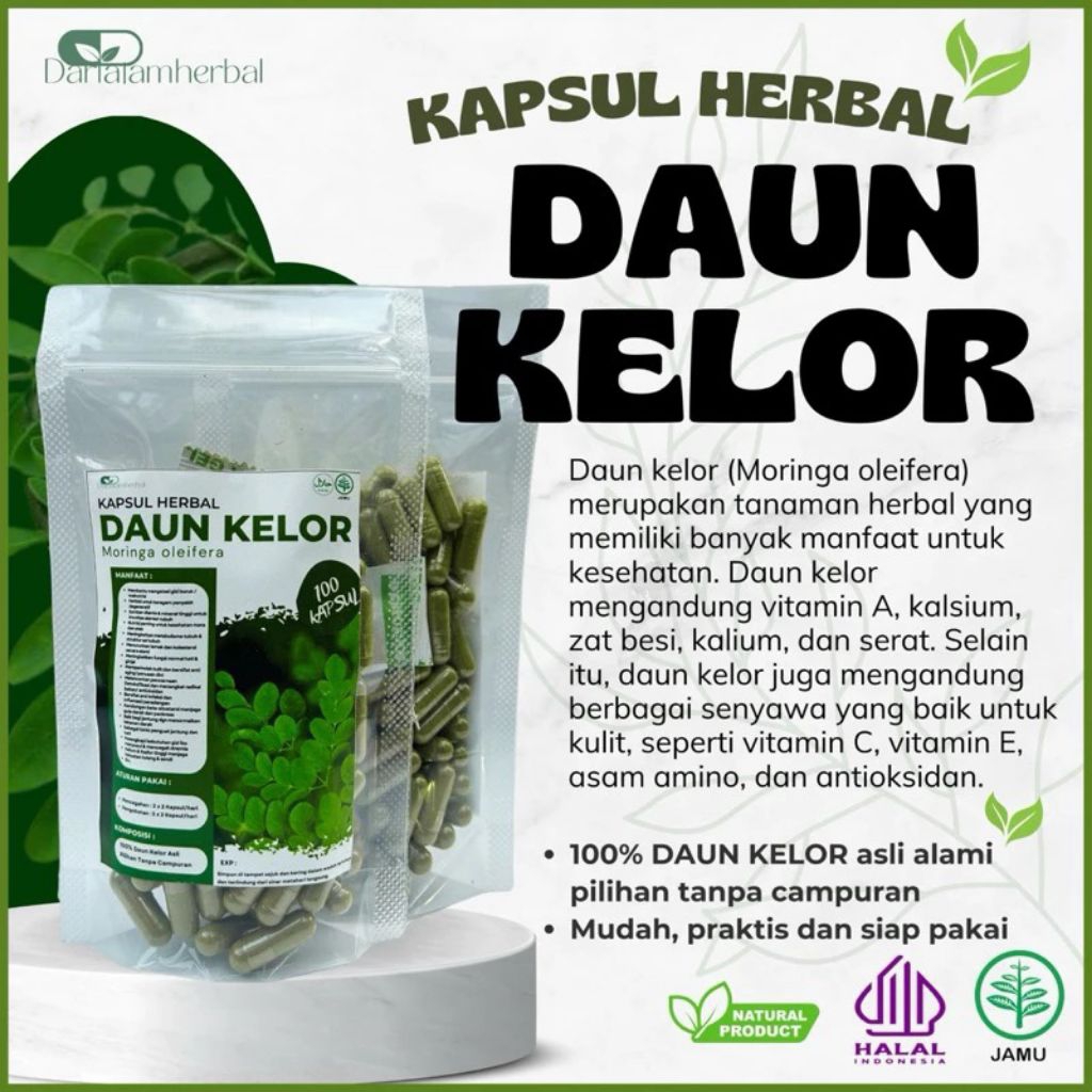 Kapsul Herbal DAUN KELOR isi 100 kapsul | Kapsul Sejuta manfaat asli 100% Daun Kelor Alami