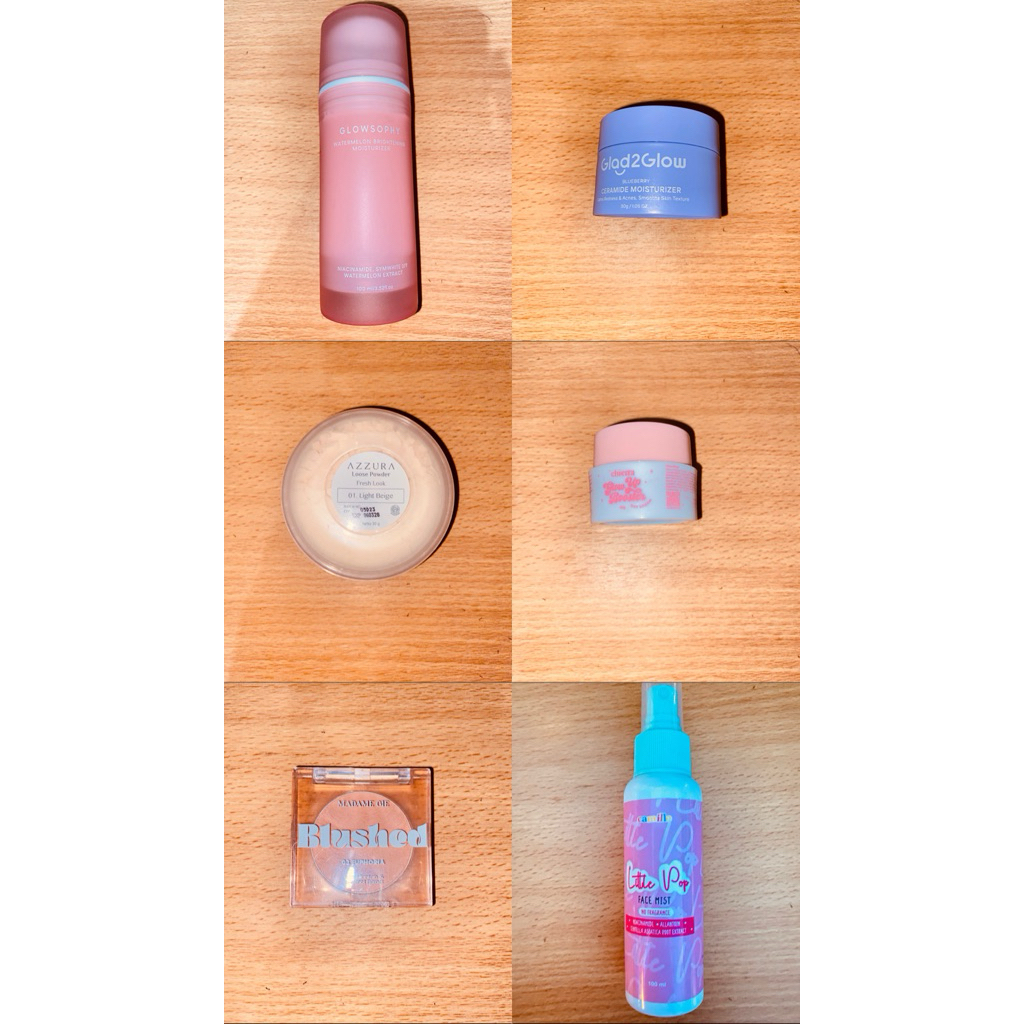 MOISTURIZER GLOWSOPHY, GLAD2GLOW, DAY CREAM CHIERRA, LOOSE POWDER AZZURA, FACEMIST CAMILLE, BLUSH ON
