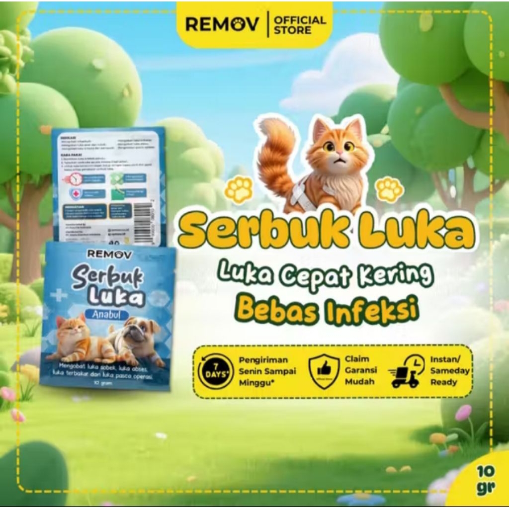Remov serbuk obat luka luar cakar bernanah pasca operasi antiseptik antibiotik kucing & anjing 10gr