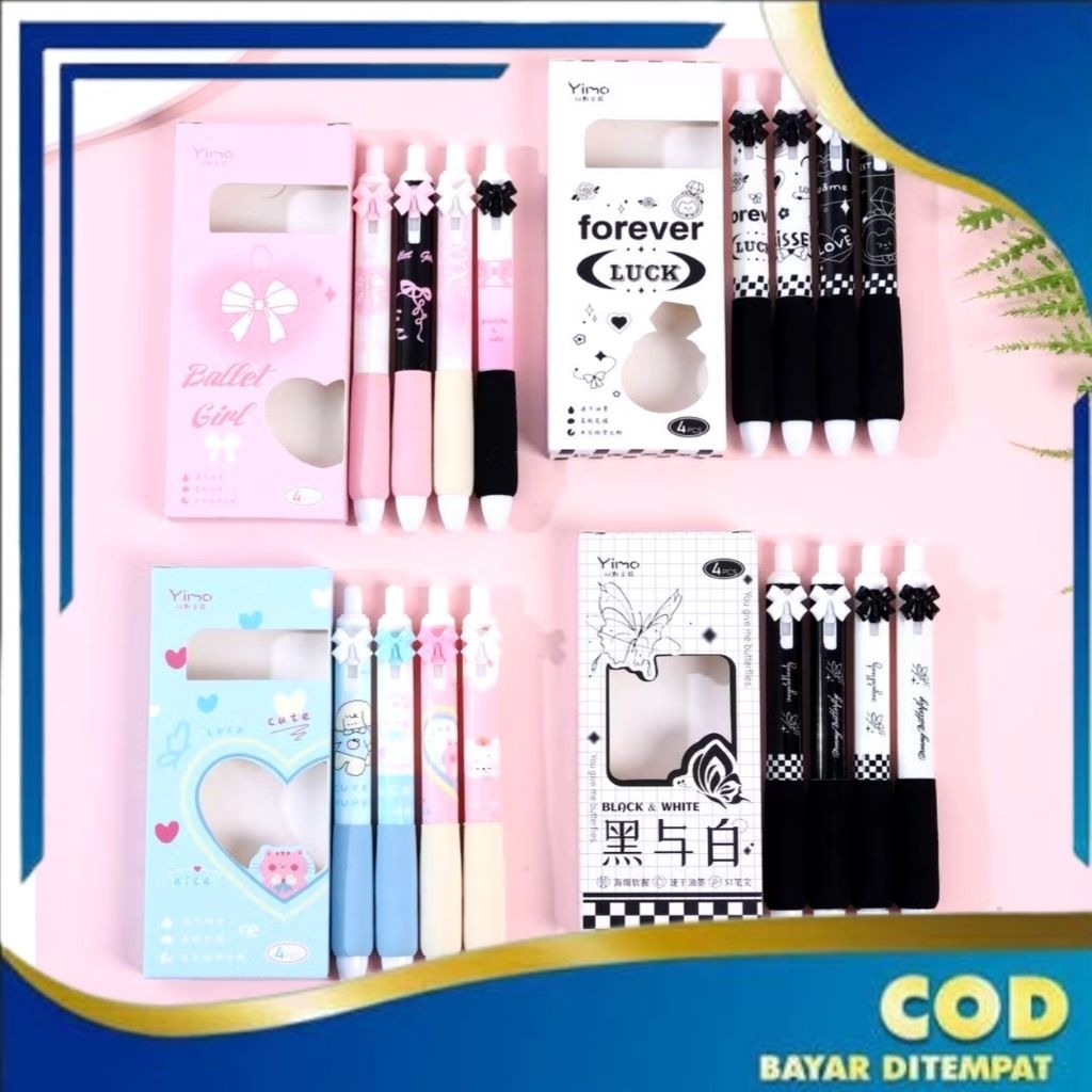 Pulpen Gel Mekanik 0.5mm Set Isi 4 Pcs Pulpen Karakter Aesthetic Tinta Hitam untuk Sekolah dan Kanto